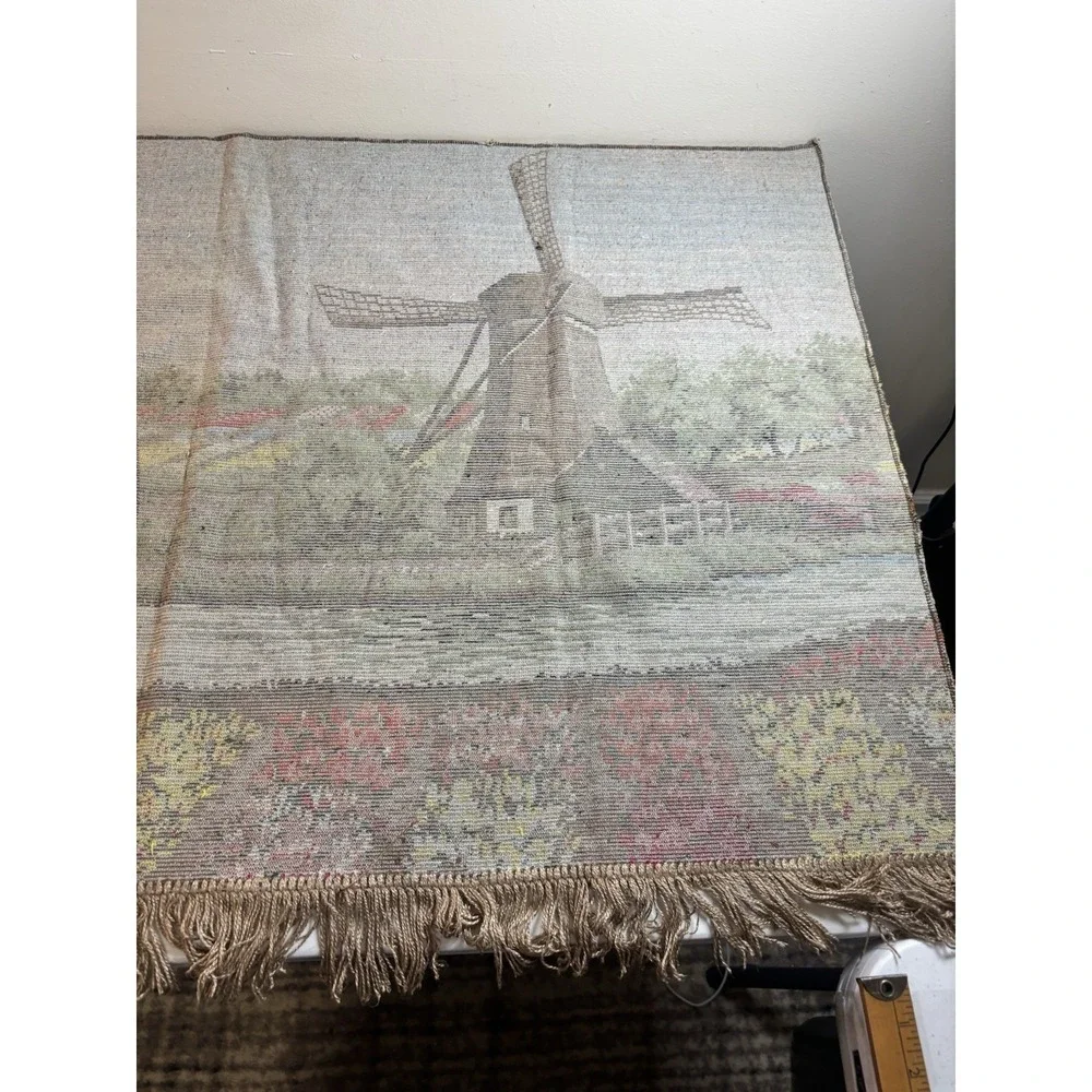 Vintage Dutch Waterways River Wall Tapestry Rug Art Windmill Tulip Fields 25x43